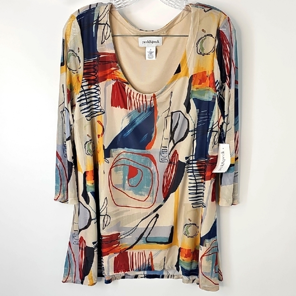 Peck & Peck Colorful Artsy Lagenlook Mesh Lined Scoop Neck 3/4 Sleeve Tunic Top‎